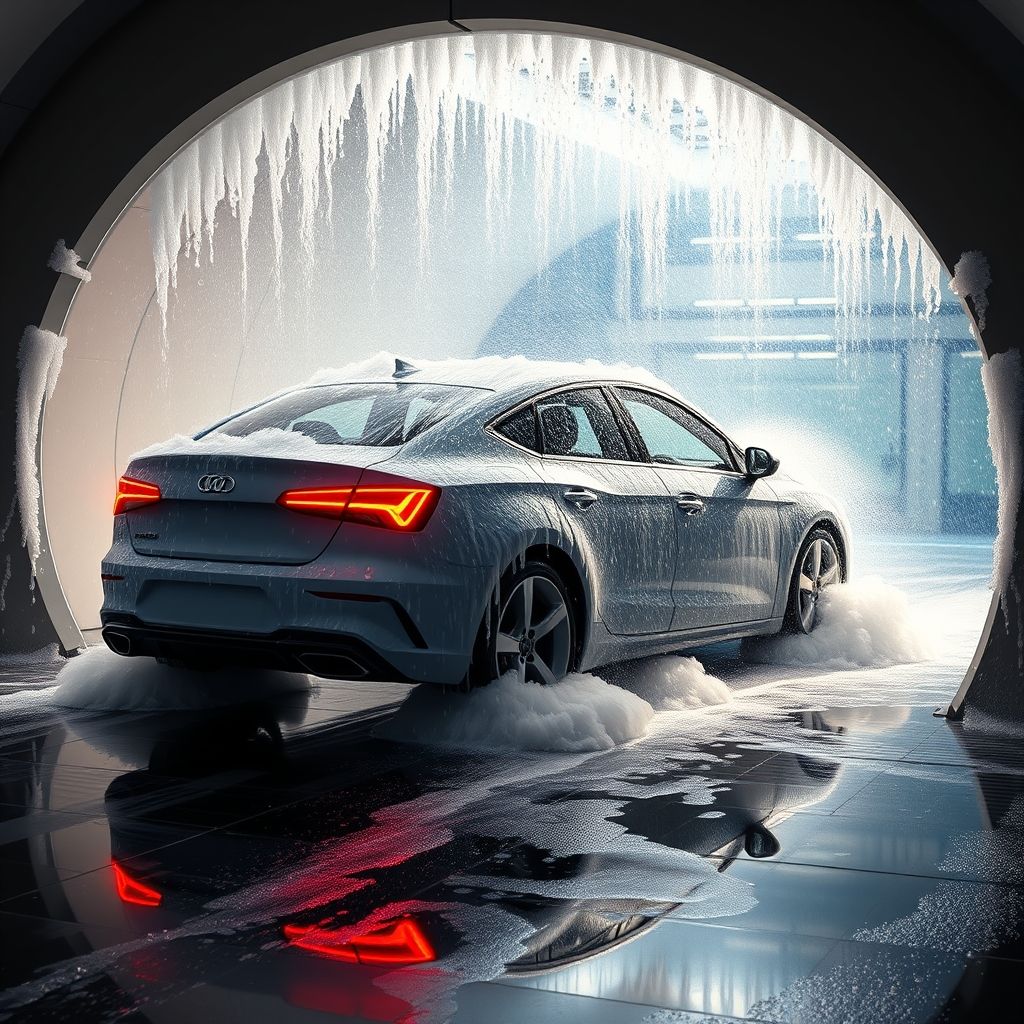 Une voiture noire élégante, partiellement cachée par des jets d’eau et de mousse, est lavée dans un tunnel de lavage automatique, entourée de brosses bleues vibrantes en mouvement. Le véhicule est éclairé par une lumière d’ambiance qui met en valeur les gouttes d’eau qui coulent sur sa surface, créant un effet scintillant. En arrière-plan, des silhouettes floues de machines soulignent l’aspect automatisé du lavage. La scène reflète le mouvement et la propreté, avec un jeu dynamique d’eau, de mousse et de lumière, créant une expérience visuelle attrayante. L’atmosphère est énergique et rafraîchissante, capturant le moment de transformation du véhicule pendant son nettoyage.