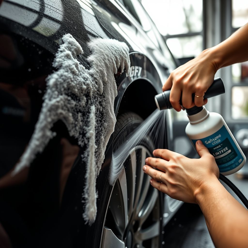 De la mousse savonneuse coule sur la surface lisse d’un véhicule noir, tandis qu’une personne aux ongles manucurés tient une poignée de nettoyeur haute pression, dirigeant un puissant jet d’eau vers la roue. Le pneu brillant contraste avec la mousse, illustrant l’effort investi dans le nettoyage. La scène se déroule en intérieur, probablement dans une station de lavage, où de grandes fenêtres laissent filtrer une lumière naturelle douce, créant une atmosphère propre. La composition met en avant l’action du lavage, avec des gouttes d’eau scintillant sur la carrosserie, évoquant fraîcheur et rénovation. L’ambiance générale est celle du soin et du professionnalisme, soulignant l’importance de l’entretien esthétique du véhicule.