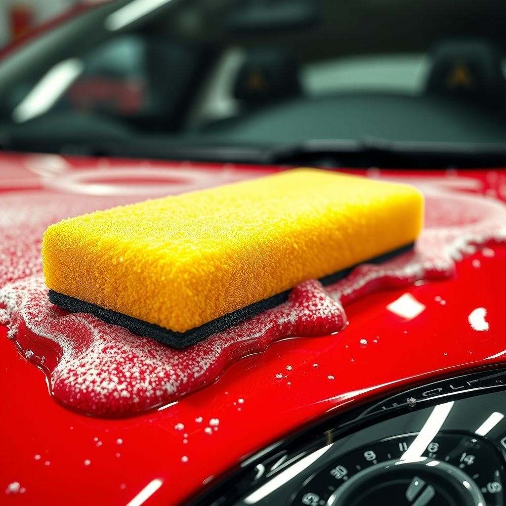 Une main gantée de noir frotte doucement la surface d’une voiture rouge vif avec une éponge jaune, créant une cascade de mousse savonneuse qui adhère à la peinture brillante. La scène est bien éclairée, suggérant un lavage intérieur ou un atelier de detailing, où les reflets des lumières brillantes scintillent sur l’extérieur poli de la voiture. Les bulles glissent sur la carrosserie, évoquant un nettoyage minutieux. La composition met l’accent sur l’action du lavage, soulignant le soin apporté au véhicule dans une atmosphère invitante et rafraîchissante. Ce moment capture la satisfaction d’un entretien soigné, mêlant travail et plaisir.