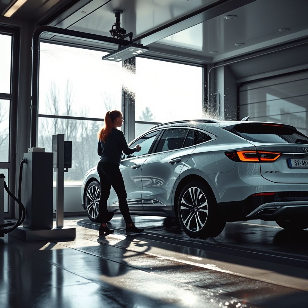 Une personne au premier plan nettoie activement une voiture noire dans une station de lavage automatique, utilisant un jet d’eau haute pression qui envoie un filet d’eau savonneuse sur la surface du véhicule. La voiture, partiellement masquée par la mousse et l’eau, présente des roues chromées brillantes qui contrastent avec son extérieur sombre et élégant. De grandes fenêtres laissent entrer la lumière naturelle, créant une atmosphère lumineuse avec des reflets sur la voiture et des ombres douces sur le sol carrelé. L’ambiance est dynamique et fraîche, mettant en valeur le processus de nettoyage et de rénovation, avec des gouttelettes étincelantes dans la lumière au milieu des bulles.