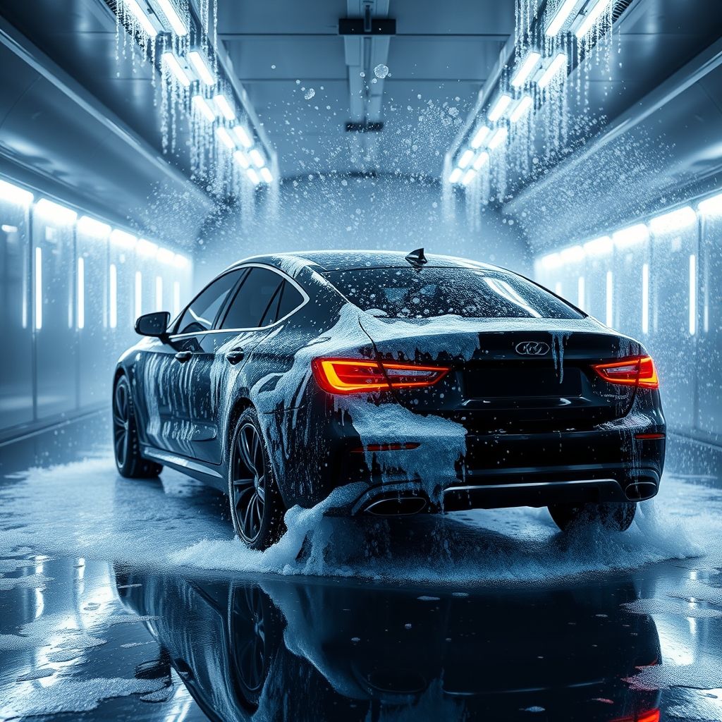 Une voiture noire élégante, partiellement cachée par des jets d’eau et de mousse, est lavée dans un tunnel de lavage automatique, entourée de brosses bleues vibrantes en mouvement. Le véhicule est éclairé par une lumière d’ambiance qui met en valeur les gouttes d’eau qui coulent sur sa surface, créant un effet scintillant. En arrière-plan, des silhouettes floues de machines soulignent l’aspect automatisé du lavage. La scène reflète le mouvement et la propreté, avec un jeu dynamique d’eau, de mousse et de lumière, créant une expérience visuelle attrayante. L’atmosphère est énergique et rafraîchissante, capturant le moment de transformation du véhicule pendant son nettoyage.