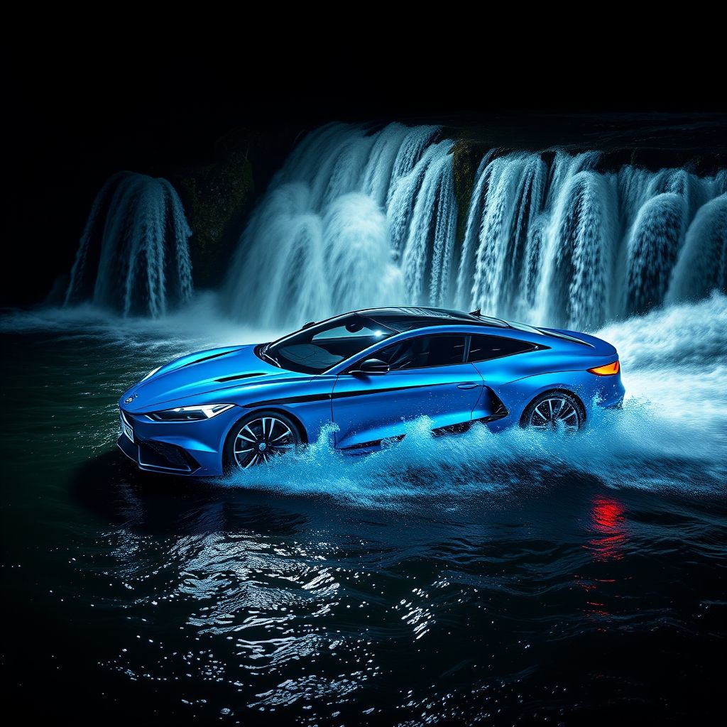Une voiture de sport bleue élégante traverse une cascade d’eau, créant des éclaboussures dramatiques qui scintillent sur un fond sombre et flou. La surface polie du véhicule reflète des nuances vibrantes et la lumière, soulignant ses lignes aérodynamiques et sa finition brillante. De puissants rayons lumineux ponctuent la scène, accentuant le mouvement dynamique et mettant en valeur le mouvement de l’eau qui s’écoule sur la voiture. L’ambiance nocturne, combinée à l’action palpitante, évoque la vitesse et l’excitation, captivant le spectateur par sa composition puissante et énergique. L’atmosphère générale reflète à la fois luxe et adrénaline, invitant à admirer l’ingénierie et l’esthétique du véhicule dans ce moment cinématographique vibrant.