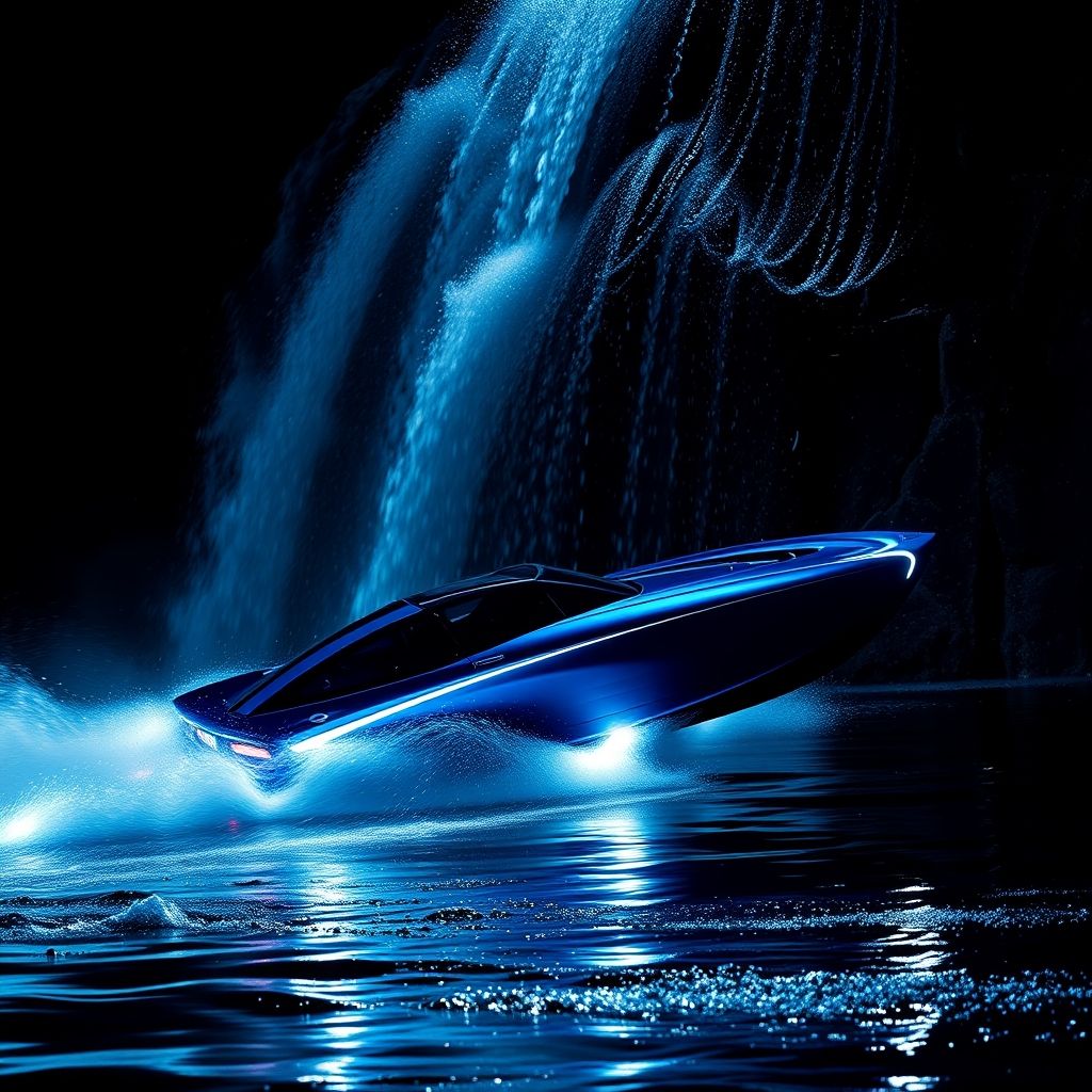 Une voiture de sport bleue élégante traverse une cascade d’eau, créant des éclaboussures dramatiques qui scintillent sur un fond sombre et flou. La surface polie du véhicule reflète des nuances vibrantes et la lumière, soulignant ses lignes aérodynamiques et sa finition brillante. De puissants rayons lumineux ponctuent la scène, accentuant le mouvement dynamique et mettant en valeur le mouvement de l’eau qui s’écoule sur la voiture. L’ambiance nocturne, combinée à l’action palpitante, évoque la vitesse et l’excitation, captivant le spectateur par sa composition puissante et énergique. L’atmosphère générale reflète à la fois luxe et adrénaline, invitant à admirer l’ingénierie et l’esthétique du véhicule dans ce moment cinématographique vibrant.