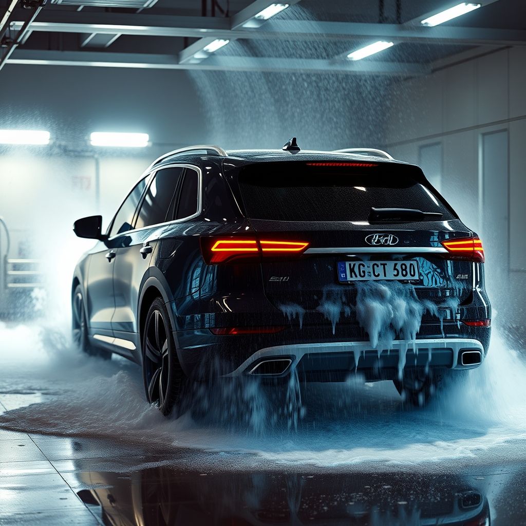 Un SUV élégant de couleur sombre est capturé dans un moment dramatique alors qu’il est enveloppé par un cycle de lavage dans une station. Des brosses bleues vibrantes tournent autour du véhicule, tandis que des jets d’eau savonneuse coulent à l’arrière, créant un voile de bulles et d’humidité qui scintille sous la lumière environnante. La scène dégage un sentiment de mouvement et d’énergie, accentué par l’eau tourbillonnante et l’éclairage lumineux qui met en valeur l’aspect lisse de la voiture. La composition illustre le contraste entre l’extérieur robuste du SUV et l’action douce et nettoyante du lavage, évoquant fraîcheur et renouveau. Cette image vive capture à la fois la routine et la beauté mécanique de l’expérience de lavage.